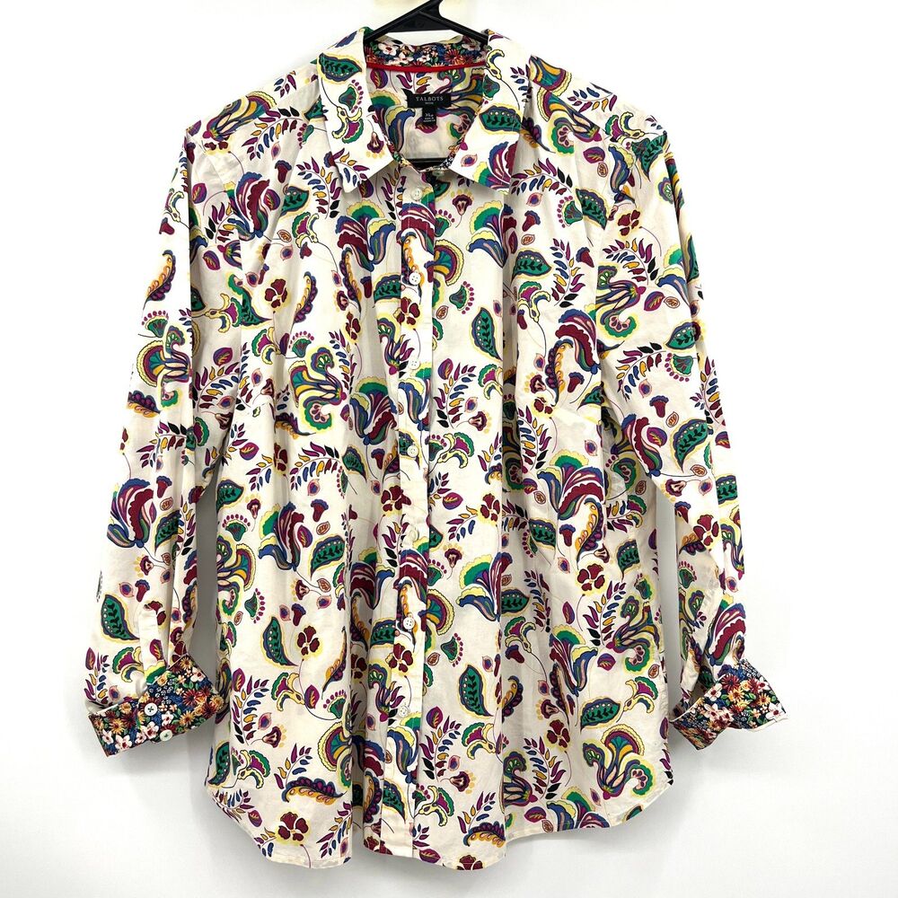 Talbots Petite XLP Cotton Paisley Floral Button Up Shirt Contrast Cuffs Cream